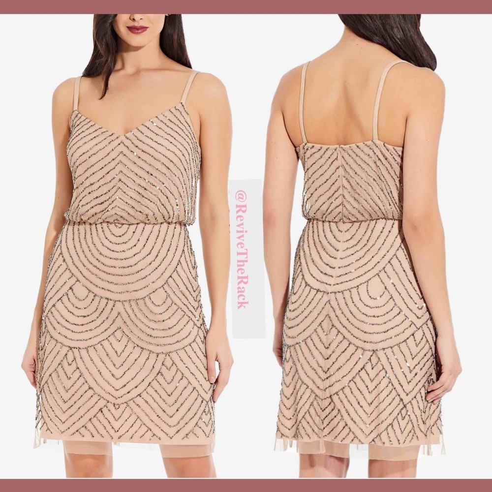 NEW Adrianna Papell Sequin Mesh‎ Blouson Dress in Taupe Pink [SZ 16 ] - Picture 3 of 10
